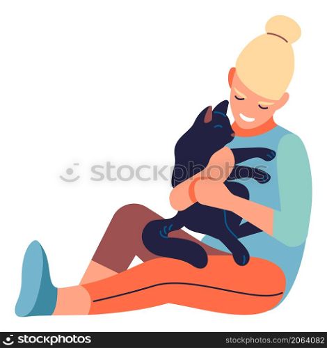 Girl cuddle cat. Young woman holding kitten. Person playing with pet isolated on white background. Girl cuddle cat. Young woman holding kitten. Person playing with pet