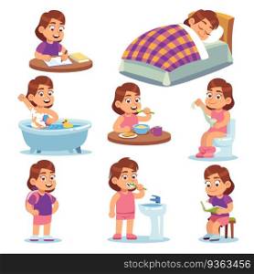 Girl daily activities. Children life morning brushing teeth exercising reading school toys and other baby routine isolated cartoon vector active child hygiene icons. Girl daily activities. Children life morning brushing teeth exercising reading school toys and other baby routine isolated cartoon vector icons