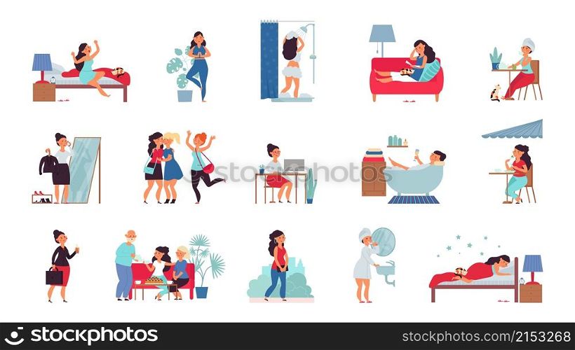 Girl daily life. Eating, hygiene in bathroom work. Woman meets friends, lifestyle routine. Cartoon female with family, on shopping or cafe decent vector set. Illustration bathroom and everyday routine. Girl daily life. Eating, hygiene in bathroom work. Woman meets friends, lifestyle routine. Cartoon female with family, on shopping or cafe decent vector set