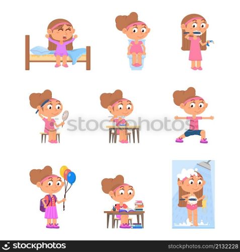 Girl daily routine. Cute child active day, school lifestyle. Baby wake up and morning bath hygiene. Preschool female kid schedule decent vector set. Illustration of daily routine schedule. Girl daily routine. Cute child active day, school lifestyle. Baby wake up and morning bath hygiene. Preschool female kid schedule decent vector set