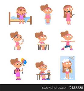 Girl daily routine. Cute child active day, school lifestyle. Baby wake up and morning bath hygiene. Preschool female kid schedule decent vector set. Illustration of daily routine schedule. Girl daily routine. Cute child active day, school lifestyle. Baby wake up and morning bath hygiene. Preschool female kid schedule decent vector set