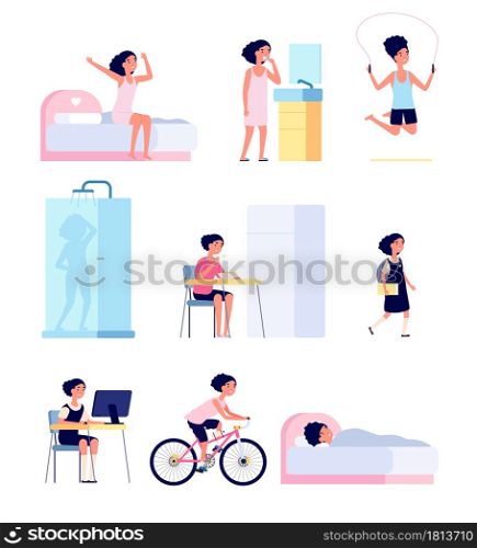 Girl daily routine. Cute child morning, kid every day activity schedule. Cartoon baby playing, doing exercises hygiene vector set. Girl routine daily, cartoon character eat and education illustration. Girl daily routine. Cute child morning, isolated kid every day activity schedule. Cartoon baby playing, doing exercises hygiene vector set