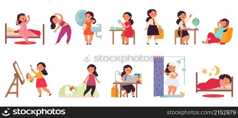Girl daily routine. Happy personal hygiene, cartoon children take shower. Preschool kid morning activity, baby sleep vector set. Illustration childhood character, morning hygienic and bedtime routine. Girl daily routine. Happy personal hygiene, cartoon children take shower. Preschool kid morning activity, isolated baby sleep decent vector set