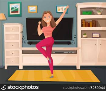 Girl Dance Home Cartoon Vector . Pretty girl in pink gym aerobic modern dance home on fitness yoga mat cartoon poster vector illustration