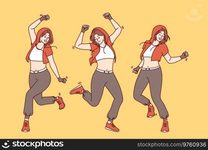 Girl dances hip-hop dance or breakdance and stands in different positions, enjoying active rest. Young energetic woman from subculture of street dancers doing breakdance and smiling. Girl dances hip-hop dance or breakdance and stands in different positions, enjoying active rest