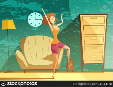 Girl Dancing Alone Cartoon Poster . Young girl dancing alone at home late in the evening with beautiful emerald green background vector illustration