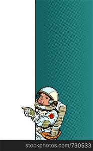 girl daughter child astronaut. Point to copy space poster. Pop art retro vector Illustrator vintage kitsch drawing. girl daughter child astronaut. Point to copy space poster