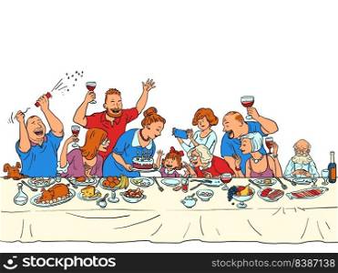 girl daughter granddaughter Birthday party, the whole family at the festive table. Comic cartoon vintage retro hand illustration. girl daughter granddaughter Birthday party, the whole family at the festive table