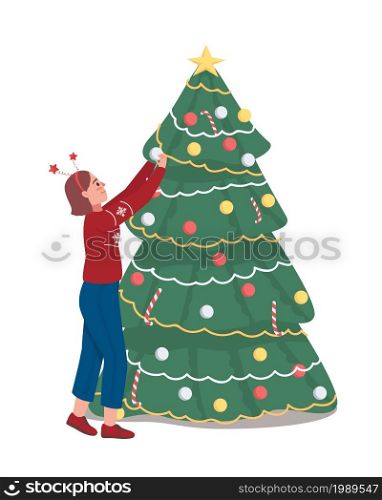 Girl decorating Christmas tree semi flat color vector character. Posing figure. Full body person on white. Winter season isolated modern cartoon style illustration for graphic design and animation. Girl decorating Christmas tree semi flat color vector character