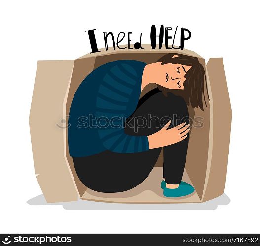 Girl depression. Sad depressed young woman in cardboard box vector illustration, introvert sadness teenager, alone lady prisoner. Girl depression icon