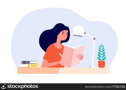 Girl diary. Woman write journal. Student studying with book. Teenager draws in cute paper notebook. Vector female character illustration. Write journal teen, note in diary, notebook writer. Girl diary. Woman write journal. Student studying with book. Teenager draws in cute paper notebook. Vector female character illustration