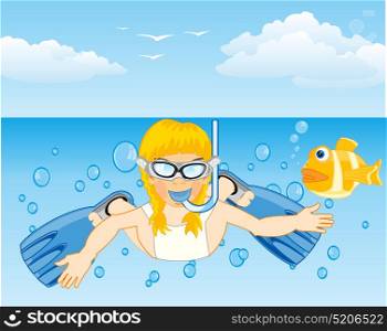 Girl diver with flipper and mask in water. Girl dives in ocean