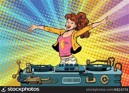 girl DJ club party youth lifestyle. Pop art retro comic book vector illustration. Music and concert. girl DJ club party youth lifestyle
