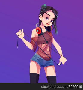 Girl dj playing music on party, disco or nightclub. Young asian woman in shorts with piercing on face. Vector cartoon illustration of cute female character, teenage girl with headphones. Young asian woman dj with headphones