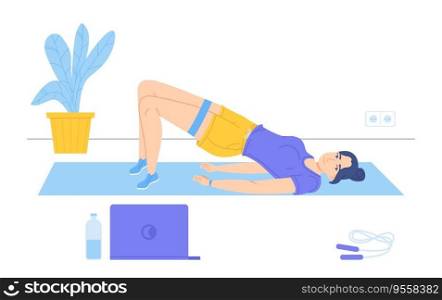 Girl do a Pelvic Lift lying on mat during watching sport coach on laptop. Online exercise, sport home, body positive, morning work-out concept. Stock vector illustration in flat style.. Girl do a Pelvic Lift lying on mat during watching sport coach on laptop. Online exercise, sport home, body positive, morning work-out concept. Stock vector illustration in flat style