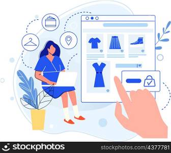 Girl do shopping online , choose clothes on web shop. Vector girl sale online using smartphone, illustration of internet business shop. Girl do shopping online , choose clothes on web shop