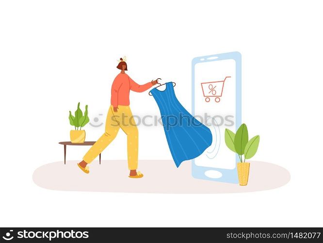 Girl doas online shopping at home, woman buys dress on phone, E-shop concept with character. Commercial checkout pay, ecommerce retail on device. Discount for smart purchasing - flat cartoon vector. Safe delivery and online shopping concept