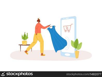 Girl doas online shopping at home, woman buys dress on phone, E-shop concept with character. Commercial checkout pay, ecommerce retail on device. Discount for smart purchasing - flat cartoon vector. Safe delivery and online shopping concept