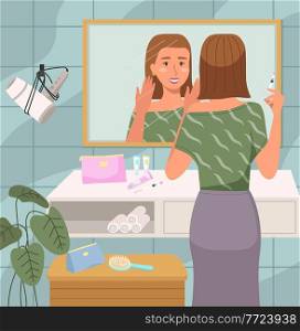 Girl doing morning routine in the bathroom. Woman stands with a syringe to inject into the face. Female character looking in the mirror and applying skin care product. Girl improves skin condition. Girl doing morning routine in the bathroom. Woman stands with a syringe to inject into the face