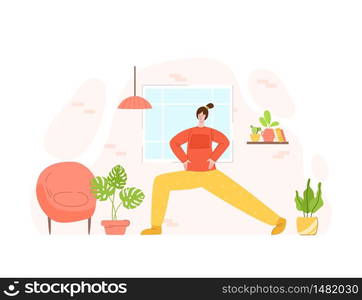 Girl doing sport exercises at home. Indoor training or workout concept. Home activity for people health. Woman doing fitness in living room with simple equipment - vector illustration on white. home fitness and workout indoor