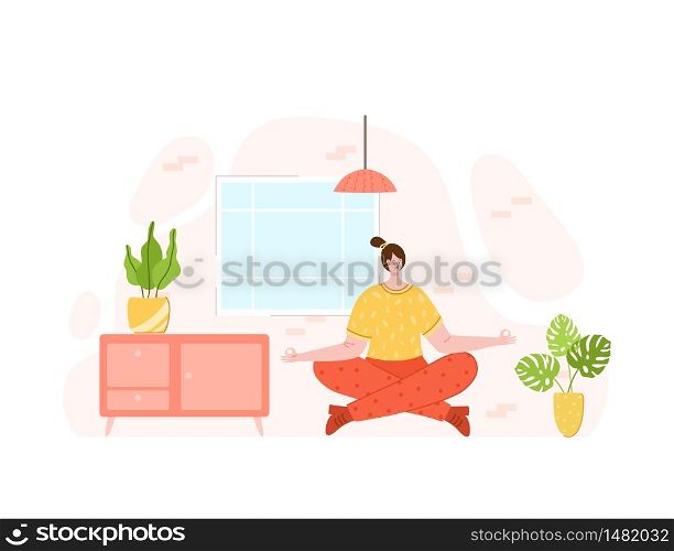 Girl doing sport exercises at home. Indoor yoga workout and meditation concept. Home activity for people health, relaxation and calm. Woman doing yoga in living room - vector illustration on white. home fitness and workout indoor