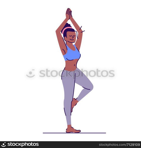 Girl doing yoga flat vector illustration. Vrikshasana. Fitness training. Young african american woman standing in tree pose isolated cartoon character with outline elements on white background