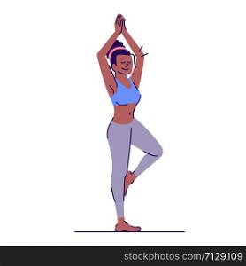 Girl doing yoga flat vector illustration. Vrikshasana. Fitness training. Young african american woman standing in tree pose isolated cartoon character with outline elements on white background