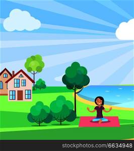 Girl doing yoga outdoors on pink rug near green trees and with residential buildings on background. Rest in park template vector poster. Girl Doing Yoga Outdoors, Buildings on background