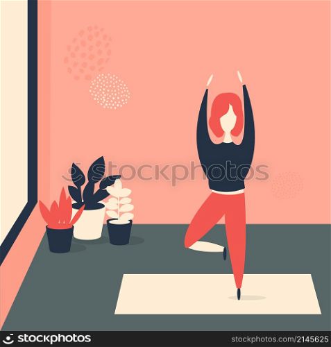 Girl doing yoga pose. Yoga for women indoors. Vector illustration