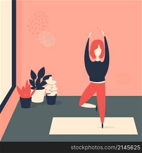 Girl doing yoga pose. Yoga for women indoors. Vector illustration