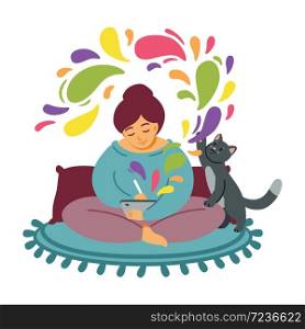 Girl draws on a tablet. The cat plays on the carpet. Woman cozily spends time at favourite job. Freelancer designer, work from home. Computer or digital art. Get creative. Flat vector illustration.