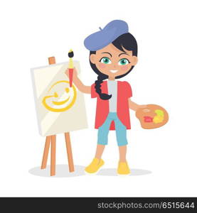 Girl Draws on Easel Isolated in Flat Style Design. Girl drawing on easel isolated on white. Adorable little girl has leisure time. Young painter at drawing lesson. Toddler at playground draws a picture in flat style design. Daily activity. Vector