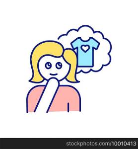 Girl dreaming about buying blouse RGB color icon. Person thinking about useful and needed dress. Shortage of space storage. Types of purchasing people. Isolated vector illustration. Girl dreaming about buying blouse RGB color icon