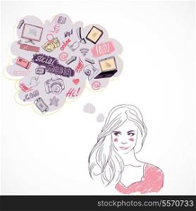Girl dreaming thinking about social media technology communication isolated vector illustration