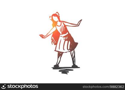 Girl, dress, cute, pretty, hair concept. Hand drawn fun girl with long hair posing concept sketch. Isolated vector illustration.. Girl, dress, cute, pretty, hair concept. Hand drawn isolated vector.