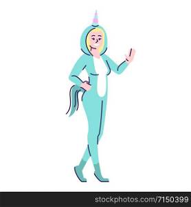 Girl dressed in unicorn costume flat vector illustration. Woman in Halloween party outfit cartoon character with outline elements isolated on white background. Megical creature with horn