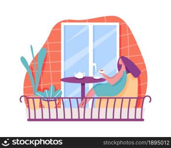 Girl drink coffee or tea on balcony. Vector breakfast with coffee at quarantine, sitting on chair and drink hot beverage, woman on balcony illustration. Girl drink coffee or tea on balcony