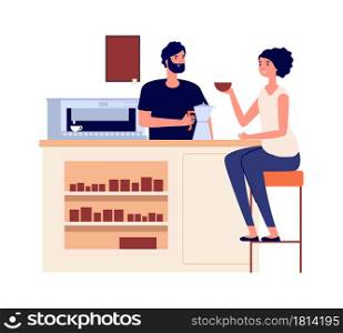 Girl drink coffee. Woman with cup, barista making hot drink. Cafe restaurant o cafeteria, flat breakfast lunch vector characters. Girl in cafe with cup of coffeet, barista making espresso illustration. Girl drink coffee. Woman with cup, barista making hot drink. Cafe restaurant o cafeteria, flat breakfast or lunch vector characters