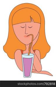 Girl drinking juice, illustration, vector on white background.