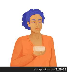 girl drinking tea or coffee on white background. Cozy cafe or drink tea at home