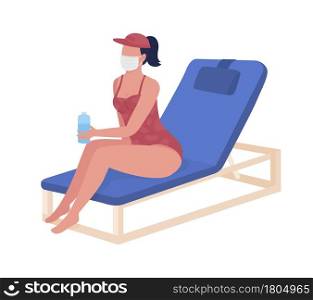 Girl drinking water at beach semi flat color vector character. Full body person on white. Staying well hydrated isolated modern cartoon style illustration for graphic design and animation. Girl drinking water at beach semi flat color vector character