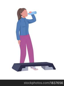 Girl drinking water during workout semi flat color vector character. Full body person on white. Home aerobics isolated modern cartoon style illustration for graphic design and animation. Girl drinking water during workout semi flat color vector character