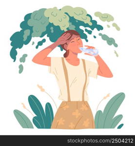 Girl drinking water to quench her thirst she hid from the scorching sun under a tree in the heat.. Girl drinking water to quench her thirst she hid from the scorching sun under a tree in the heat