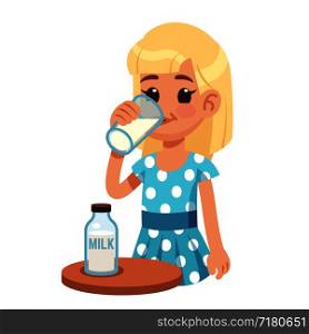 Girl drinks milk. Cartoon happy kid drinking cow milk in glass. Healthy childhood and dairy products vector concept. Milk in glass breakfast, tasty delicious natural organic illustration. Girl drinks milk. Cartoon happy kid drinking cow milk in glass. Healthy childhood and dairy products vector concept