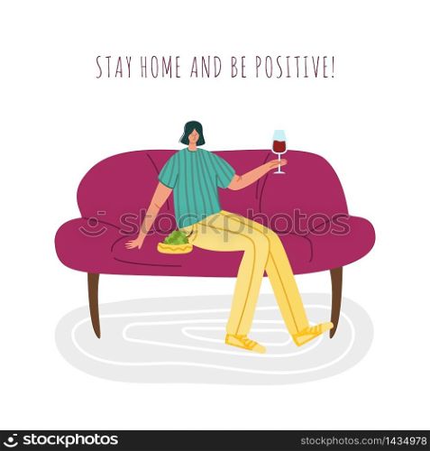 Girl drinks wine at home room on soft sofa and relaxes or rests, stay home activity for people in covid-2019 quarantine time, female flat cartoon character vector isolated illustration. Home activities for people in isolation