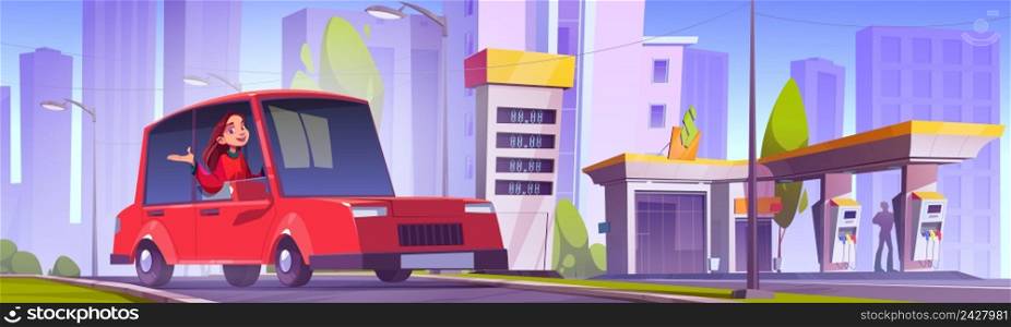 Girl driver on car refueling station, gas refill, gasoline filling service. Woman sitting in automobile near petrol shop building facade, fuel selling for urban vehicles, Cartoon vector illustration. Girl driver on car refueling station, gas refill