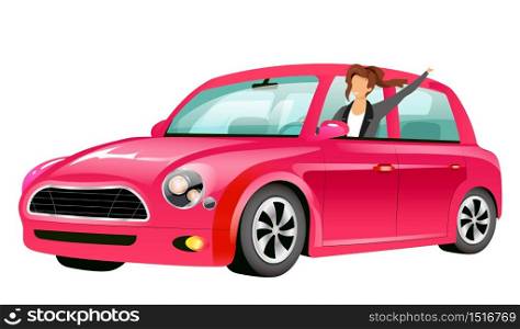 Girl driving pink mini cooper flat color vector faceless character. Smiling young lady in car isolated cartoon illustration for web graphic design and animation. Happy woman on road trip