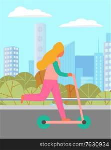 Girl driving scooter, woman character balancing on urban vehicle. Child activity on street, person on transport going near skyscrapers and trees. Vector illustration in flat cartoon style. Child on Scooter near Buildings and Trees Vector