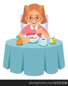 Girl eating at dinner table. Healthy child food isolated on white background. Girl eating at dinner table. Healthy child food