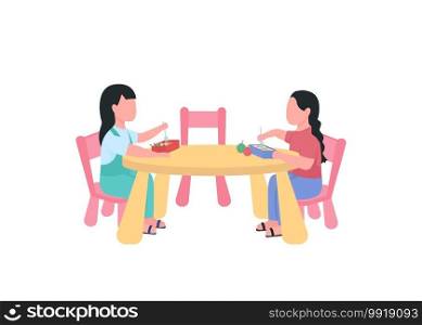 Girl eating dinner in kindergarten flat color vector faceless characters. Preschool children on lunch break together isolated cartoon illustration for web graphic design and animation. Girl eating dinner in kindergarten flat color vector faceless characters